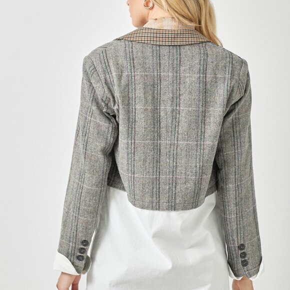 MYSTREE Grey Plaid Contrast Blazer Shirt Combo, Mixed Media Layered Button Down - Picture 5 of 8